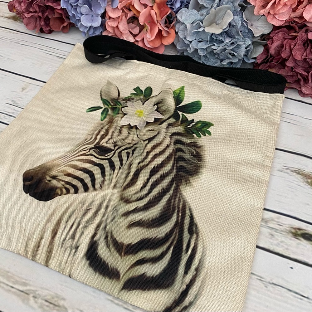 Eco-Friendly Folding Zebra with Flowers Tote Bag - Picture 3 of 15